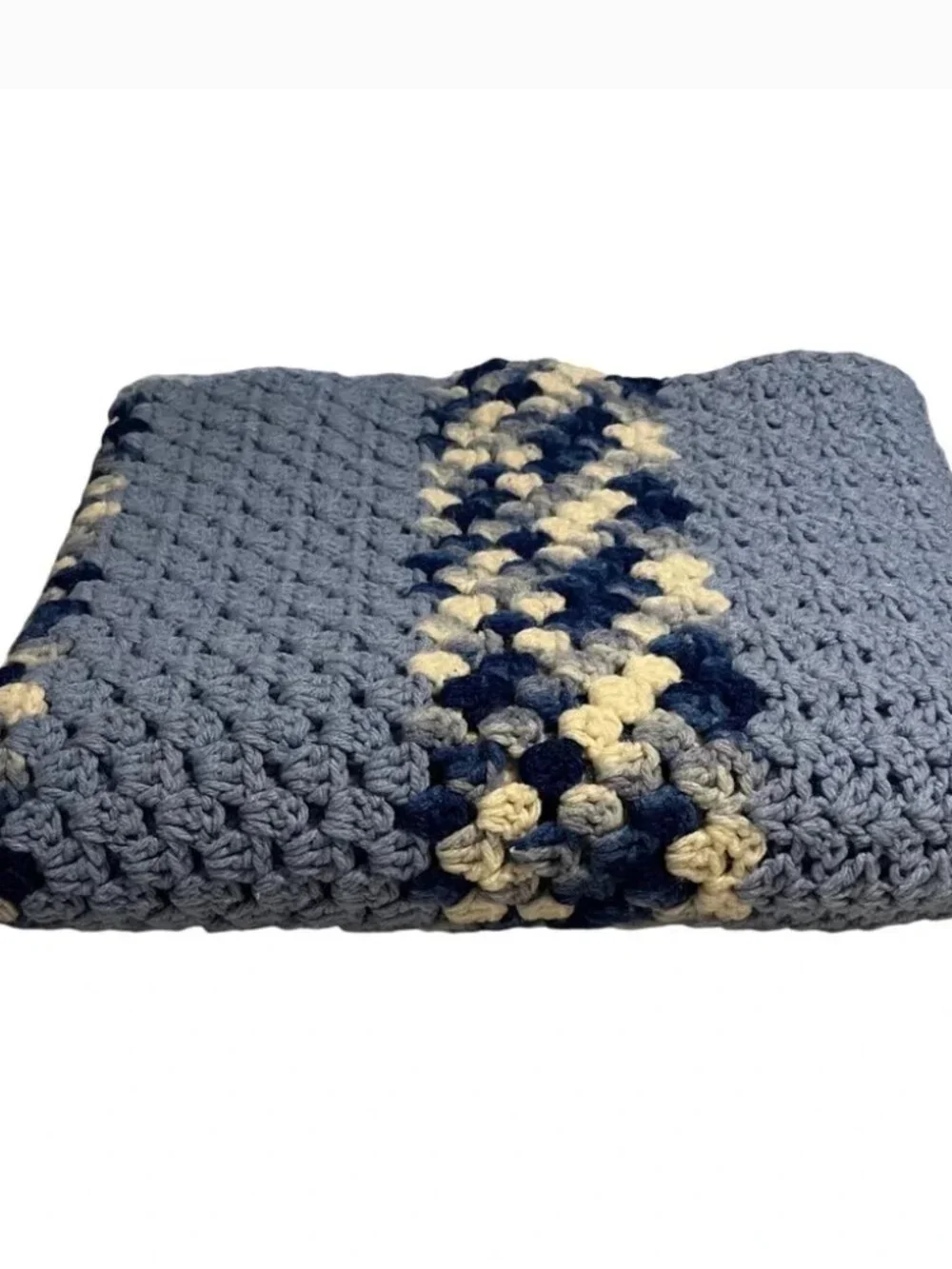 Handmade Crochet Throw Blanket Unisex 48x39 Blue Striped Excellent Afghan